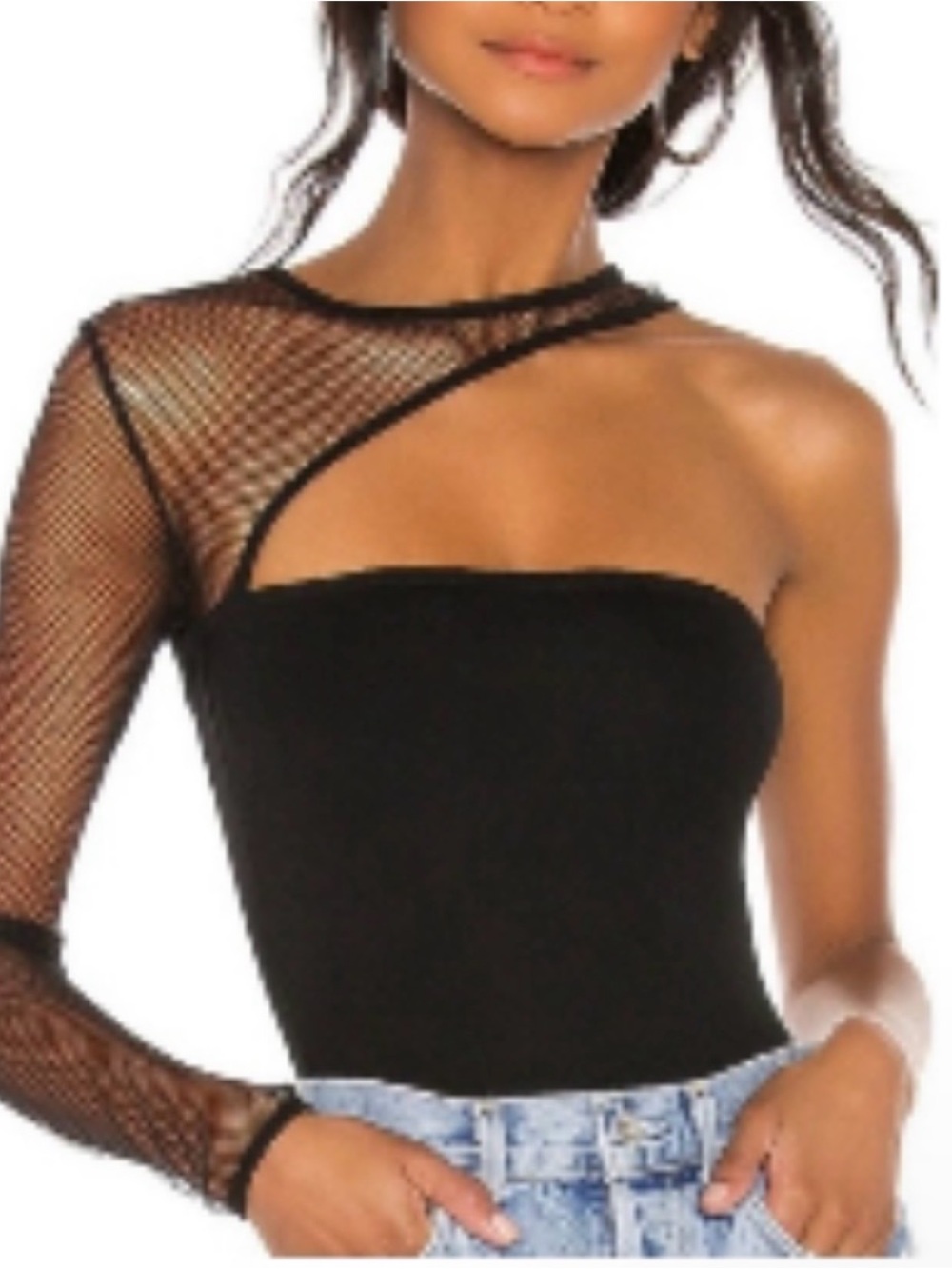 H:ours Jeffrey Black Mesh Long Sleeve One Shoulder Mesh Bodysuit S